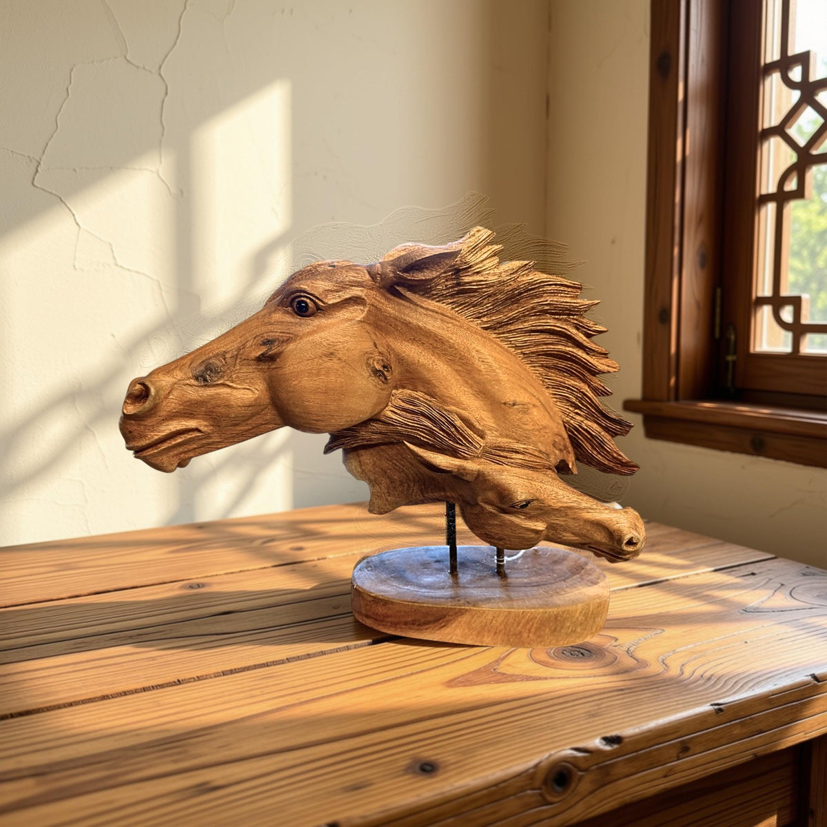 Wild Horses Sculpture - Hand Carved Teak Wood Horse Bust Statue, Equine Art