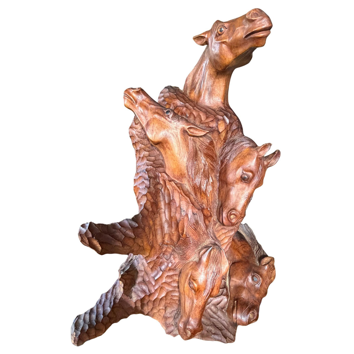 Wild 5 Horses Sculpture - Abstract Hand Carved Suar Wood Horse Bust Statue, Equine Art