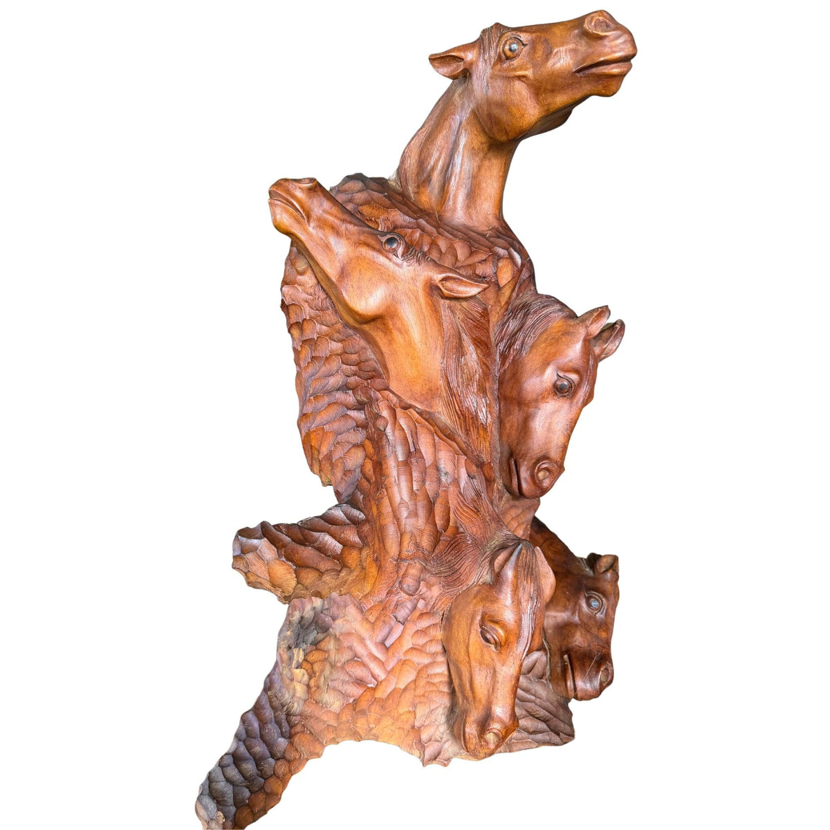 Wild 5 Horses Sculpture - Abstract Hand Carved Suar Wood Horse Bust Statue, Equine Art