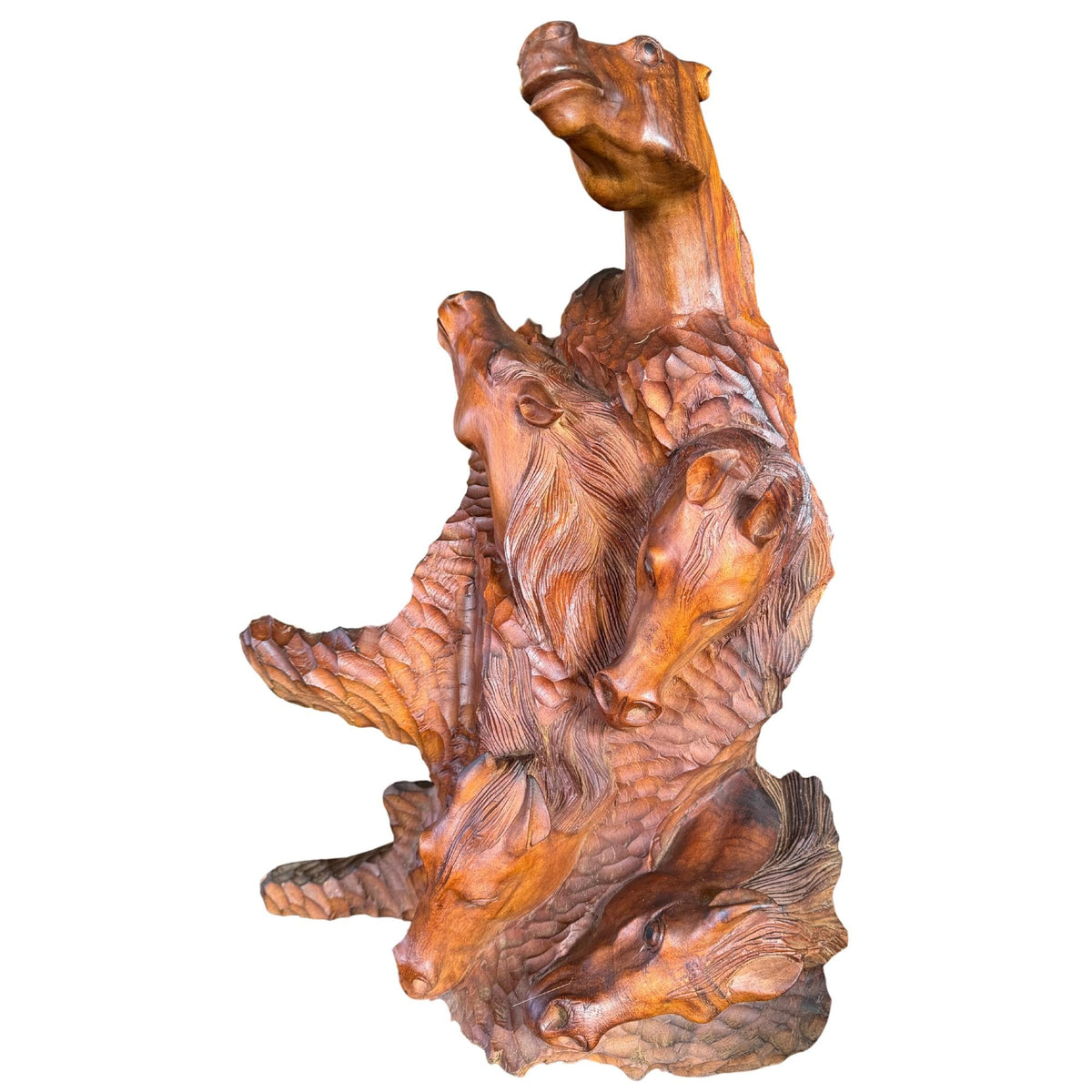 Wild 5 Horses Sculpture - Abstract Hand Carved Suar Wood Horse Bust Statue, Equine Art