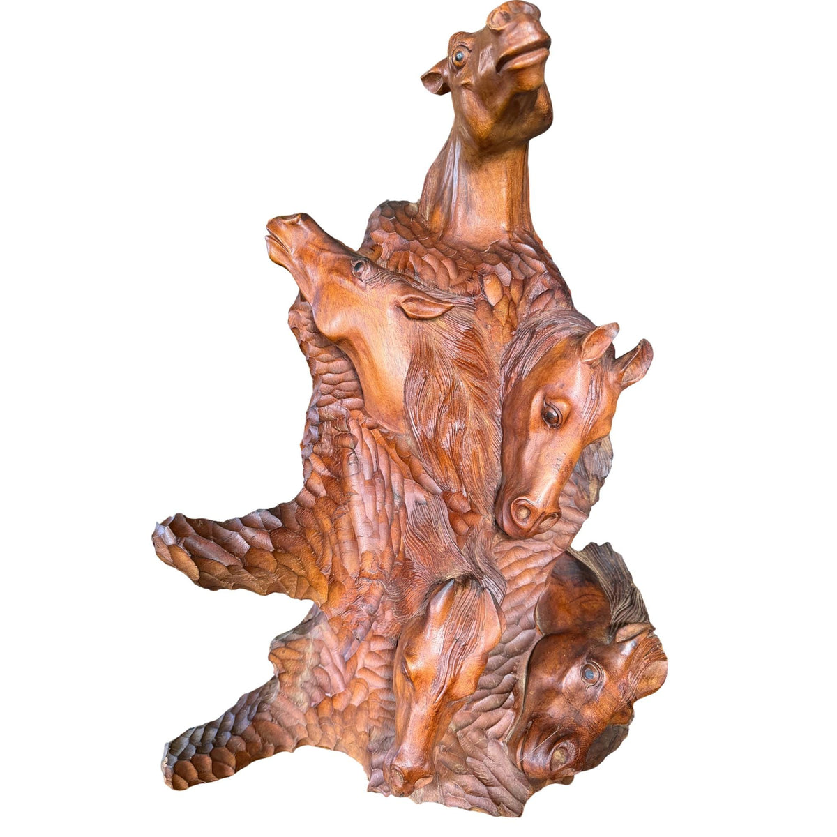Wild 5 Horses Sculpture - Abstract Hand Carved Suar Wood Horse Bust Statue, Equine Art