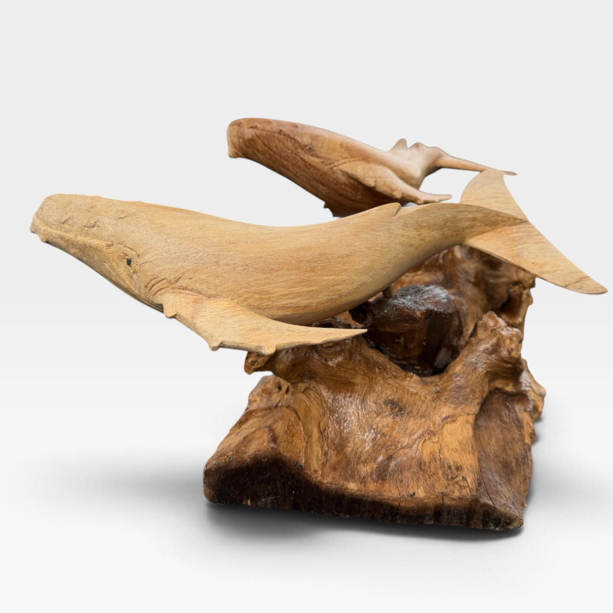 Twin Humpback Whale Sculpture, Hand Carved Wood sea life Statue, Nautical Decor