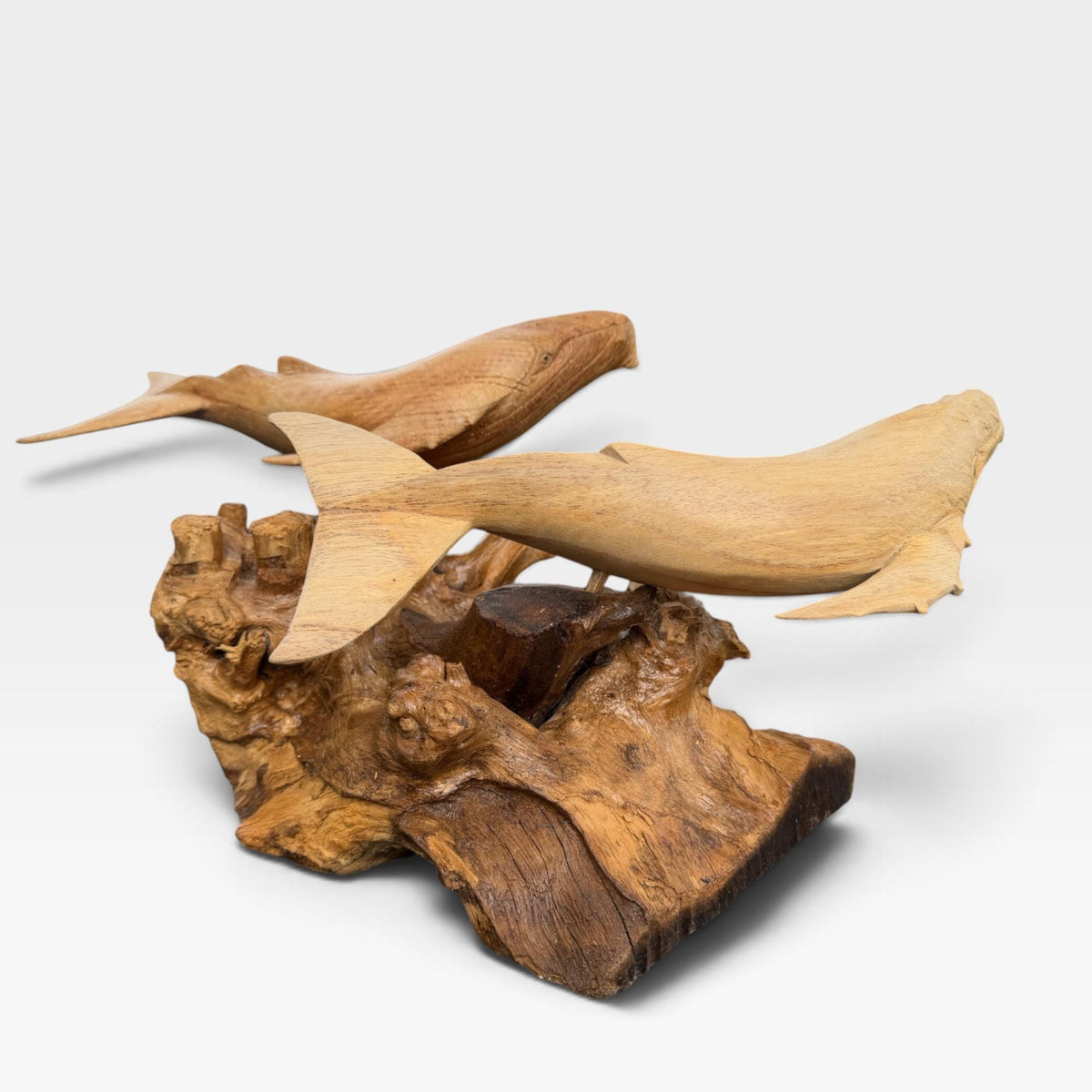 Twin Humpback Whale Sculpture, Hand Carved Wood sea life Statue, Nautical Decor