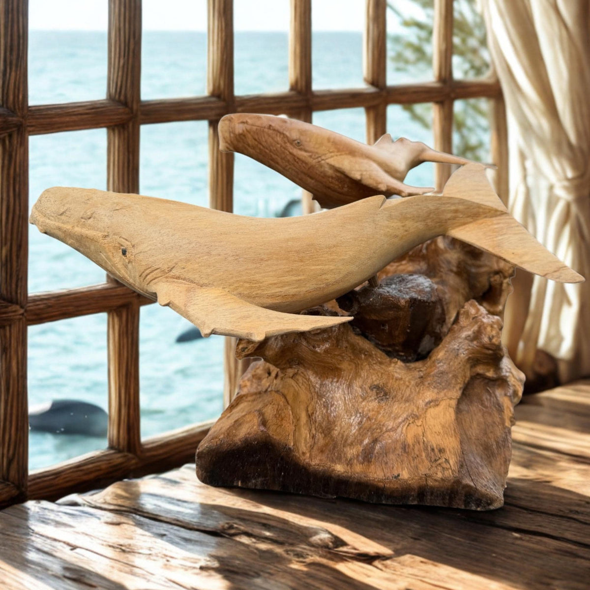 Twin Humpback Whale Sculpture, Hand Carved Wood sea life Statue, Nautical Decor