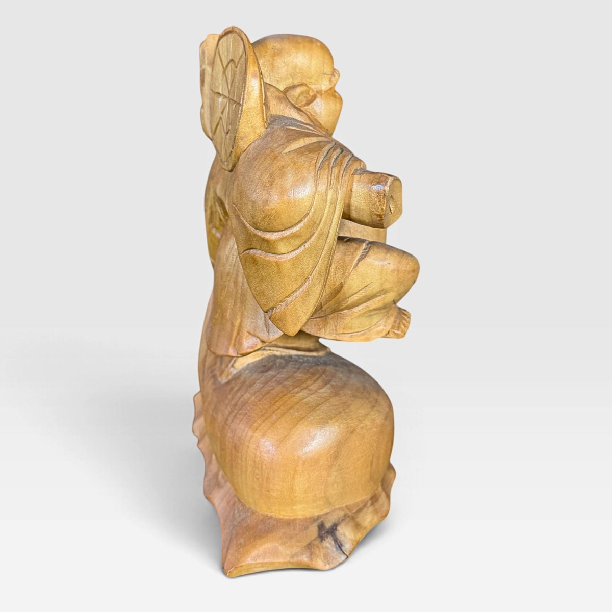 Laughing Hotei Budai Laughing Buddha Statue: Hand Carved Wood Sculpture