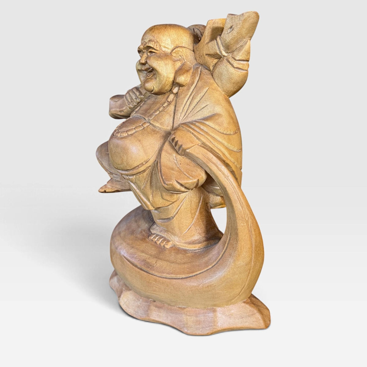 Laughing Hotei Budai Laughing Buddha Statue: Hand Carved Wood Sculpture
