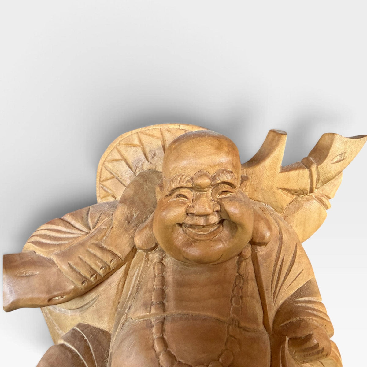 Laughing Hotei Budai Laughing Buddha Statue: Hand Carved Wood Sculpture