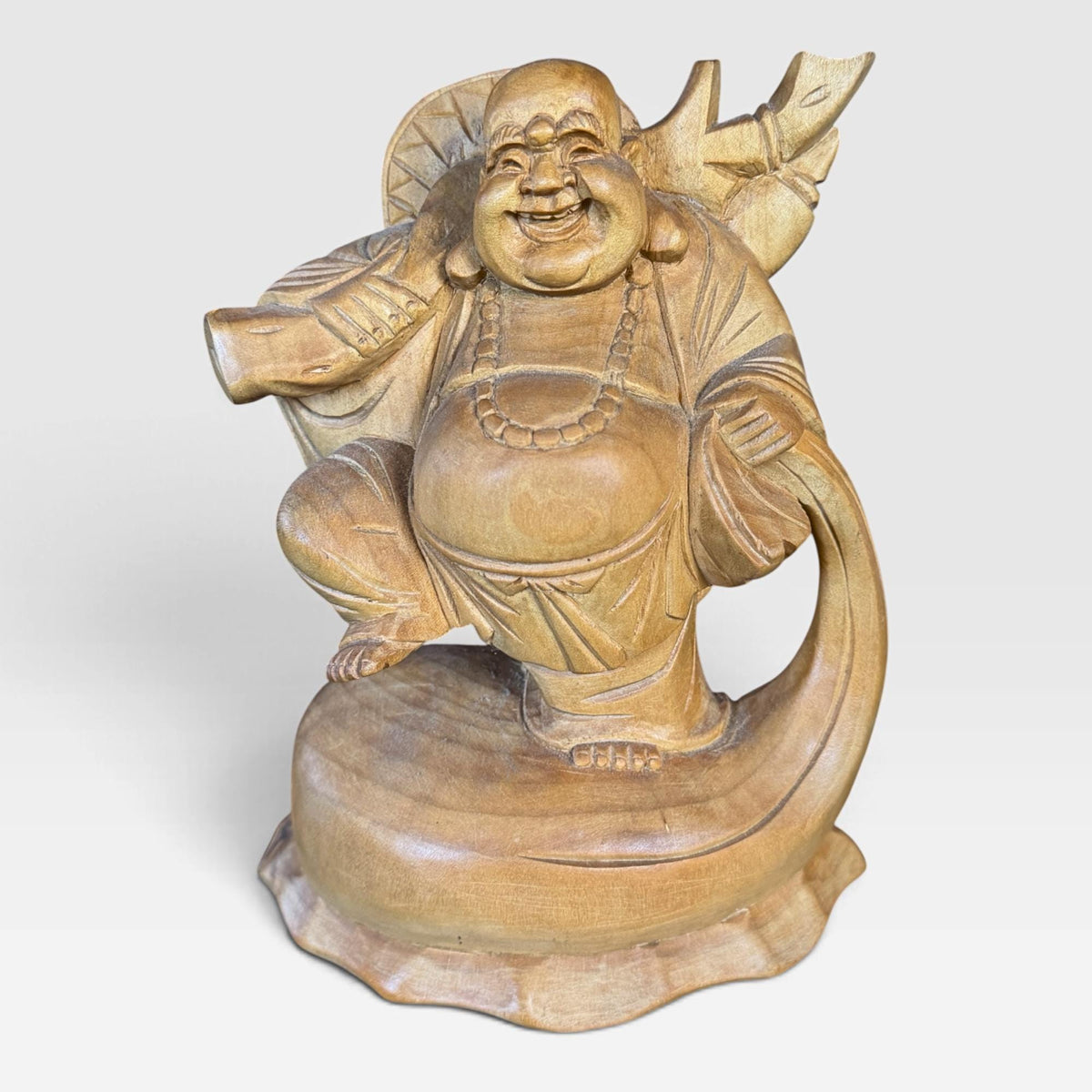 Laughing Hotei Budai Laughing Buddha Statue: Hand Carved Wood Sculpture