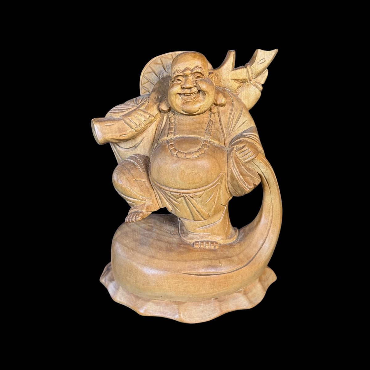 Laughing Hotei Budai Laughing Buddha Statue: Hand Carved Wood Sculpture