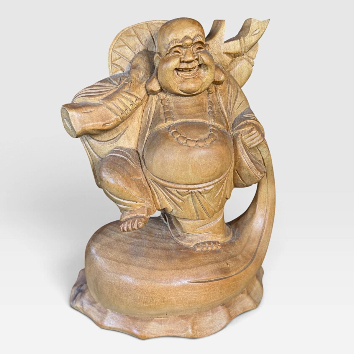 Laughing Hotei Budai Laughing Buddha Statue: Hand Carved Wood Sculpture