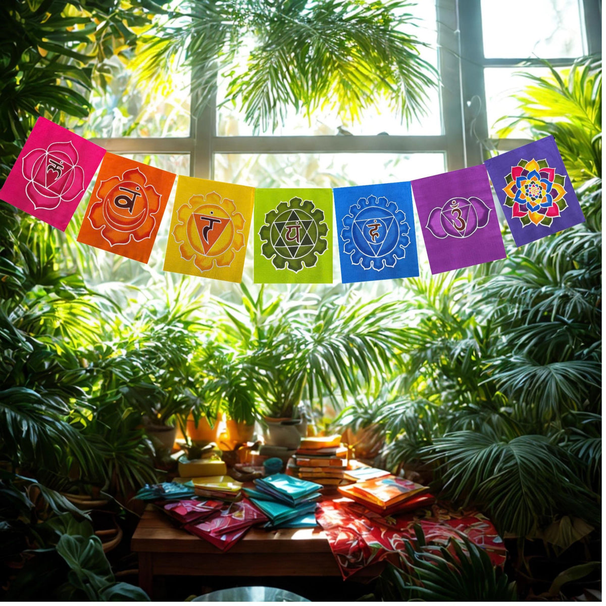 Batik Sacred Chakra Rainbow Prayer Flag: Yoga Meditation Studio,  Home  Garden Decor