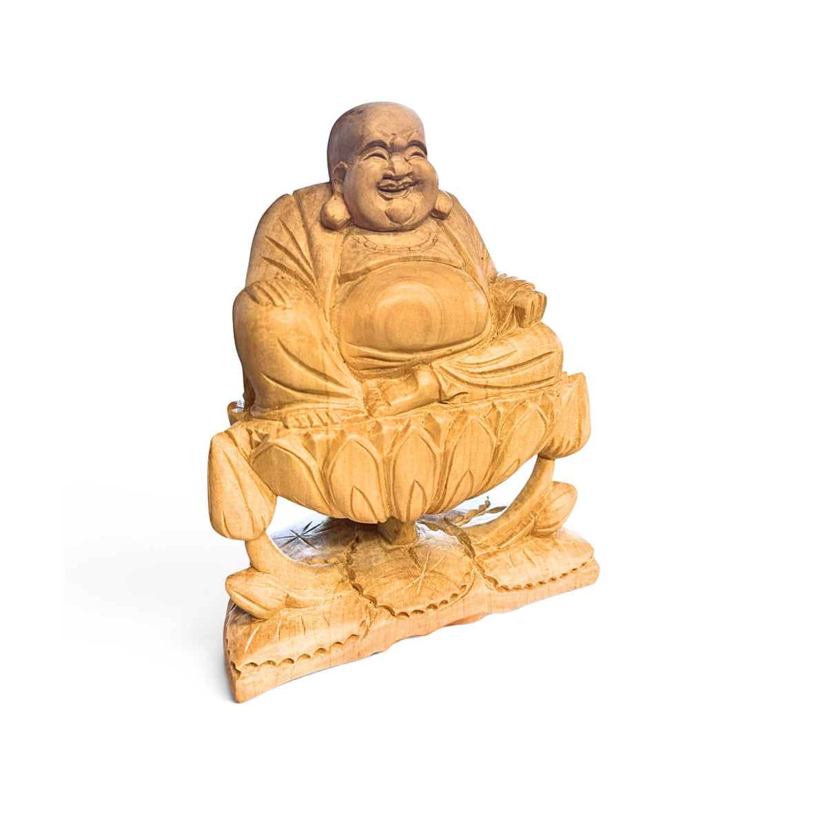 Laughing Hotei Budai Laughing Buddha Statue: Hand Carved Wood Sculpture