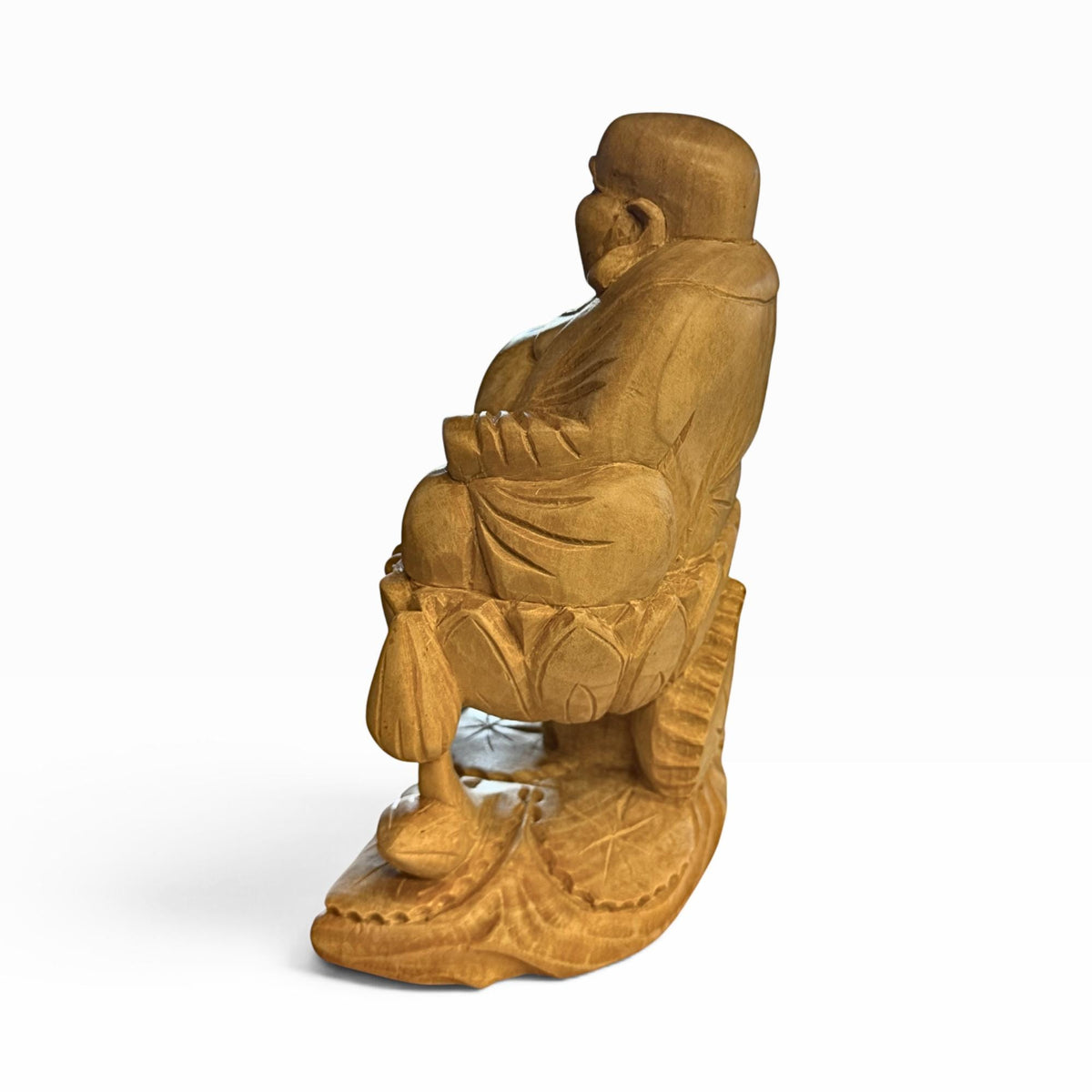 Laughing Hotei Budai Laughing Buddha Statue: Hand Carved Wood Sculpture