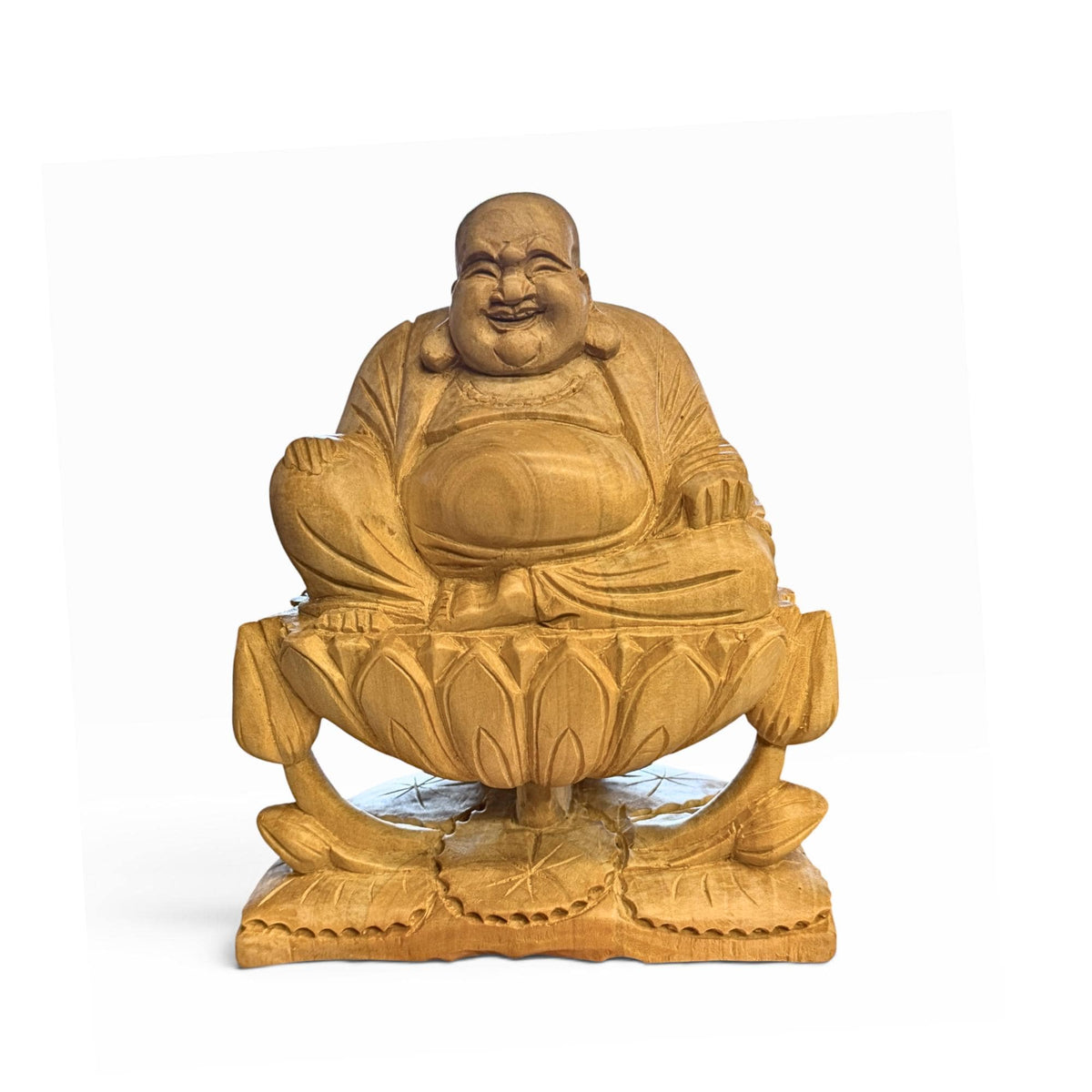 Laughing Hotei Budai Laughing Buddha Statue: Hand Carved Wood Sculpture