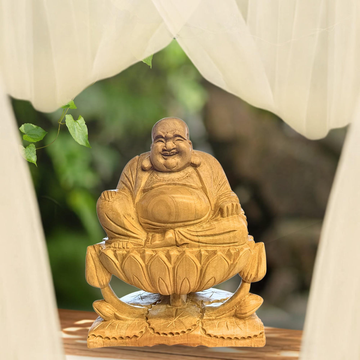 Laughing Hotei Budai Laughing Buddha Statue: Hand Carved Wood Sculpture