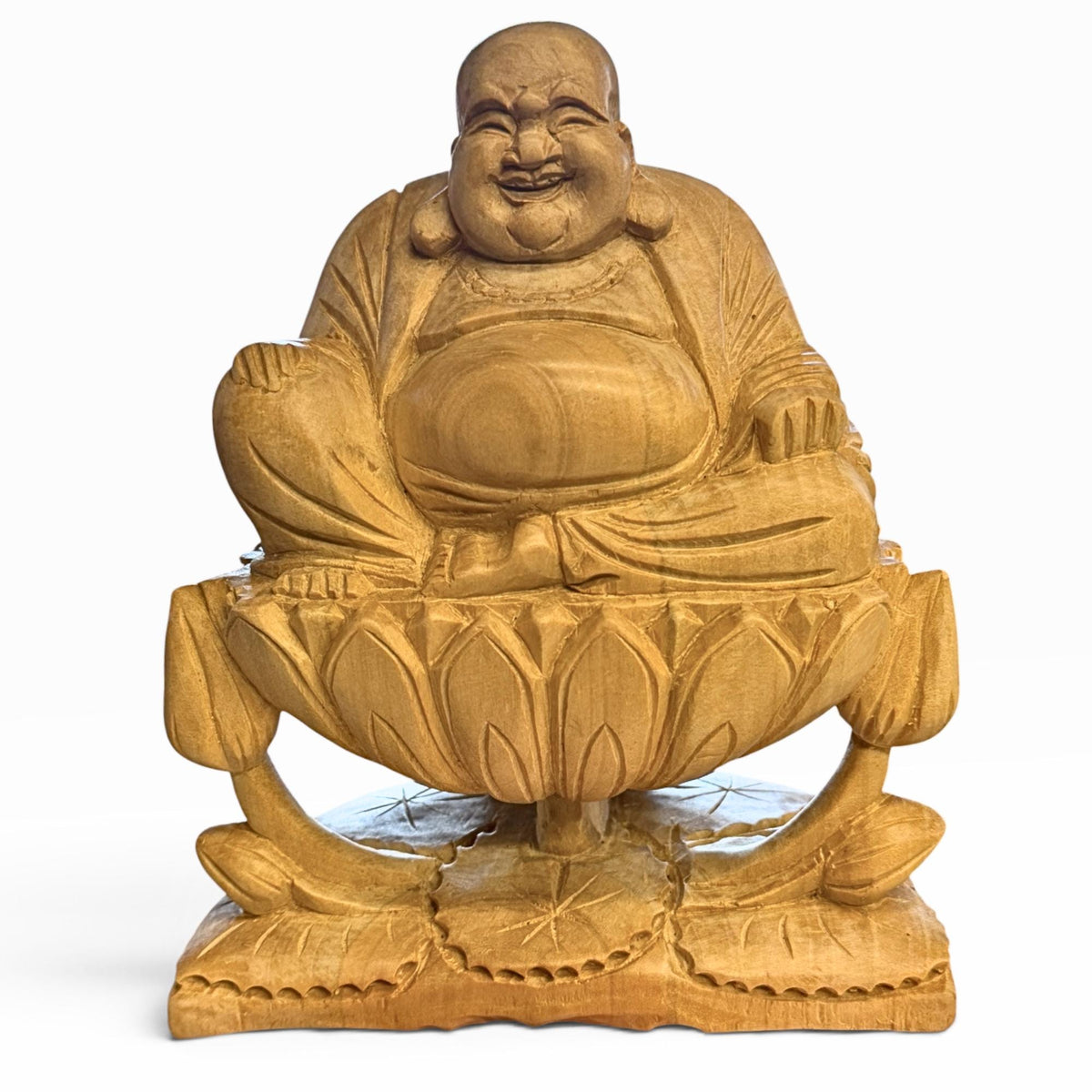 Laughing Hotei Budai Laughing Buddha Statue: Hand Carved Wood Sculpture