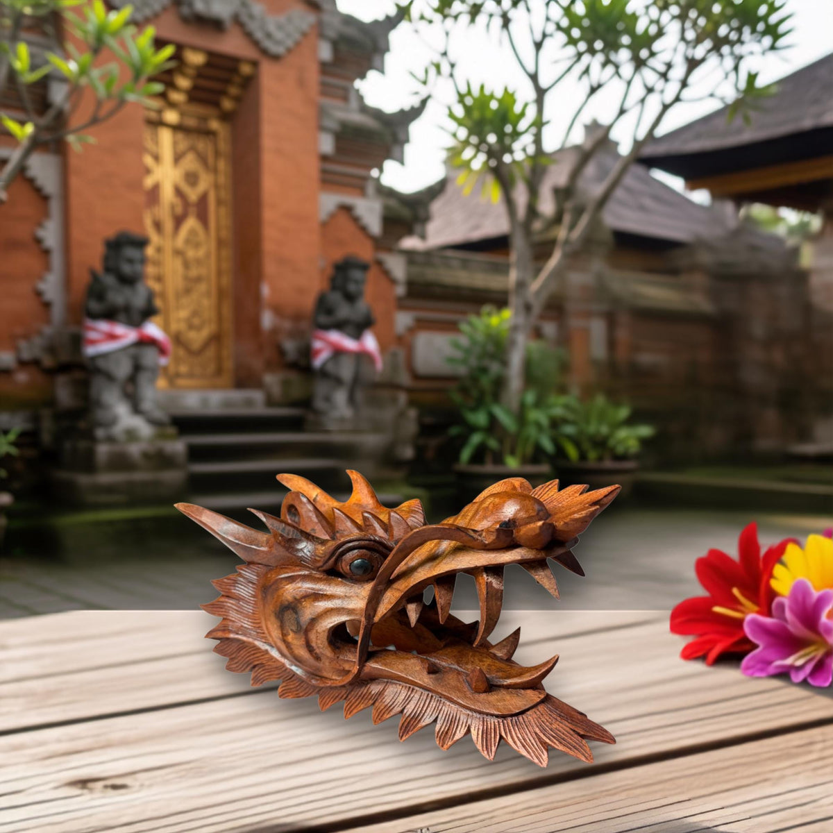Balinese Horned Dragon Mask: Hand Carved Wood Naga, Wall Art Sculpture