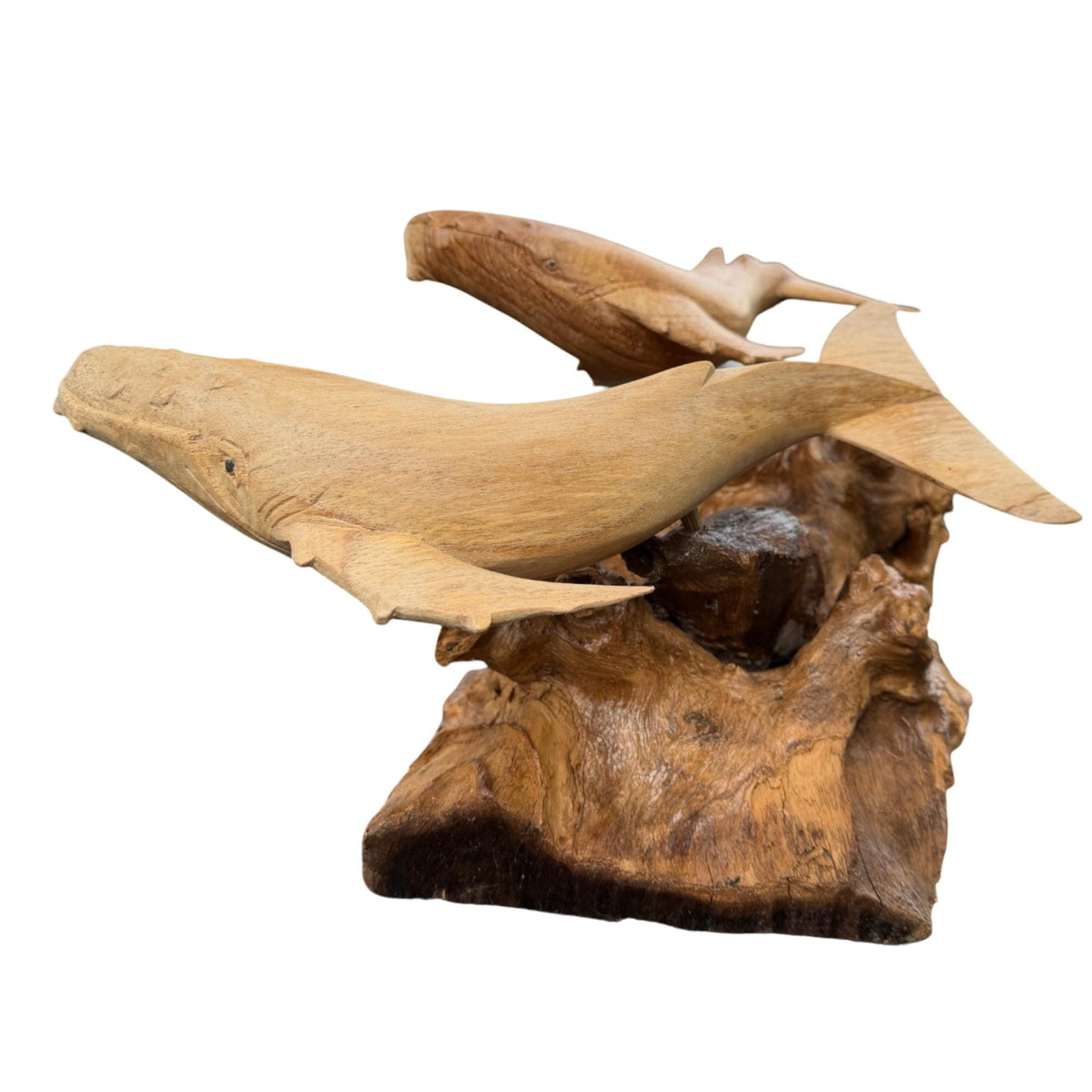 Twin Humpback Whale Sculpture, Hand Carved Wood sea life Statue, Nautical Decor
