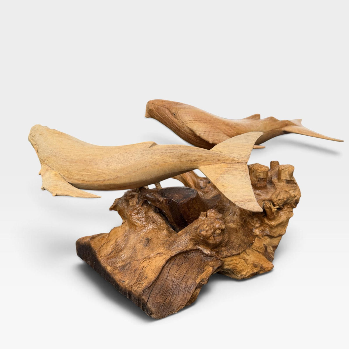 Twin Humpback Whale Sculpture, Hand Carved Wood sea life Statue, Nautical Decor