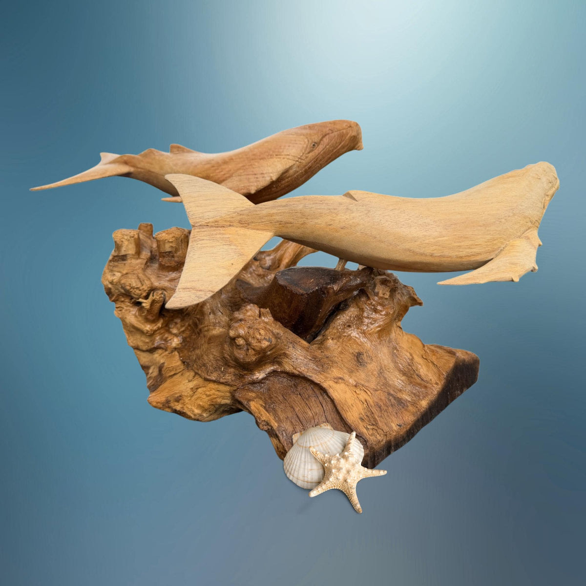 Twin Humpback Whale Sculpture, Hand Carved Wood sea life Statue, Nautical Decor