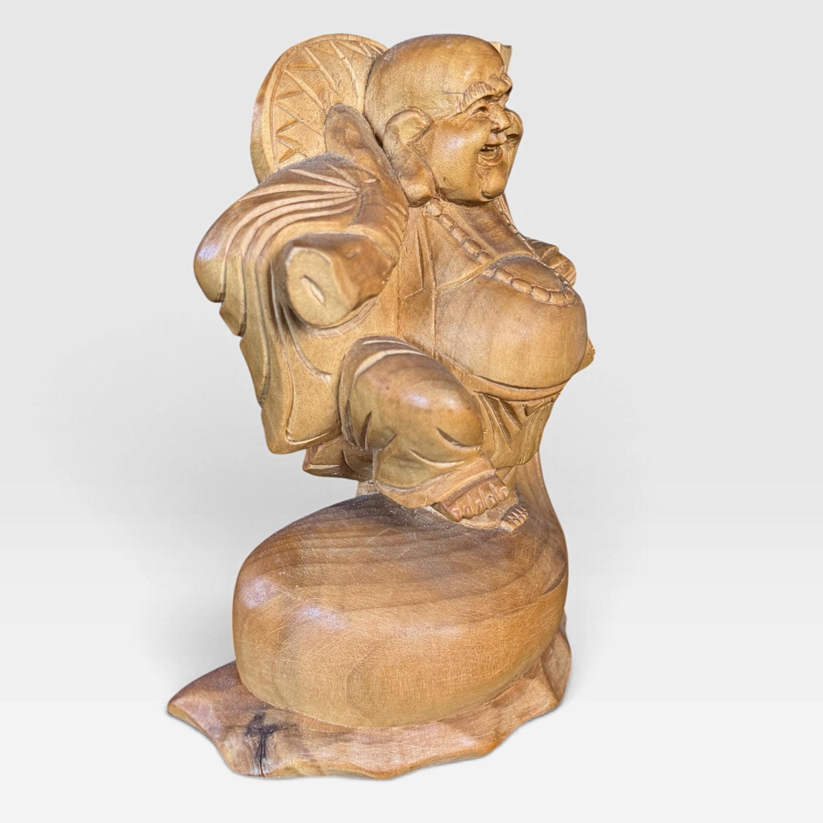 Laughing Hotei Budai Laughing Buddha Statue: Hand Carved Wood Sculpture