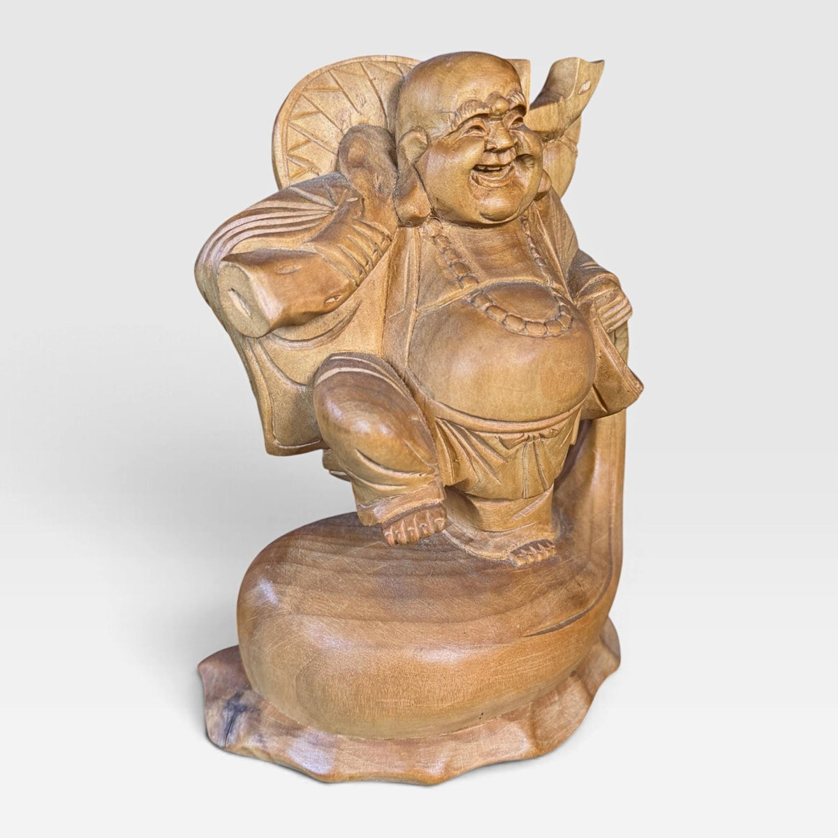 Laughing Hotei Budai Laughing Buddha Statue: Hand Carved Wood Sculpture