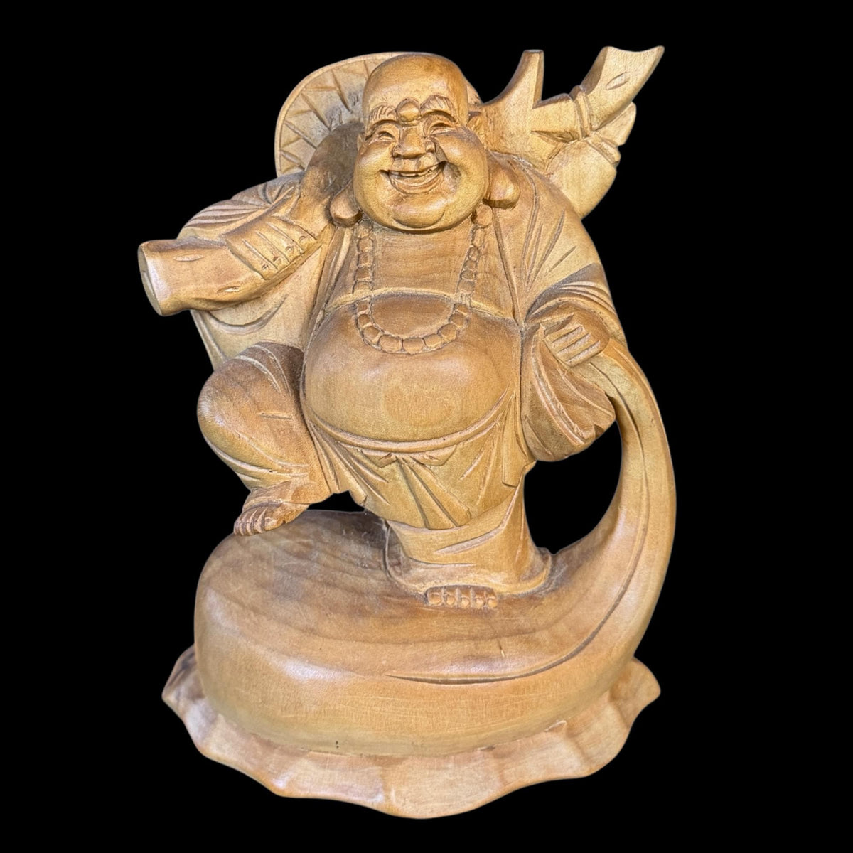 Laughing Hotei Budai Laughing Buddha Statue: Hand Carved Wood Sculpture