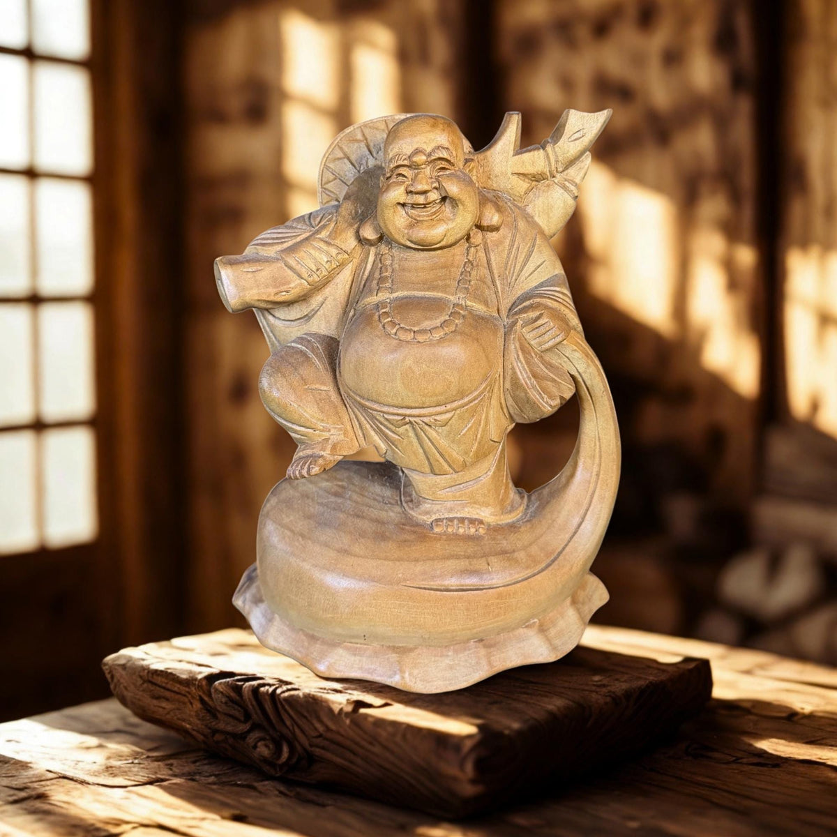Laughing Hotei Budai Laughing Buddha Statue: Hand Carved Wood Sculpture
