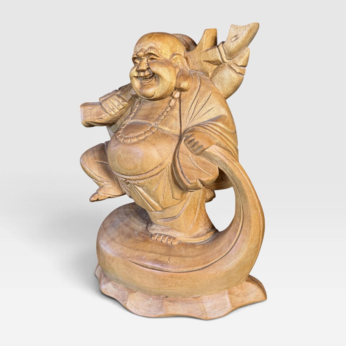 Laughing Hotei Budai Laughing Buddha Statue: Hand Carved Wood Sculpture