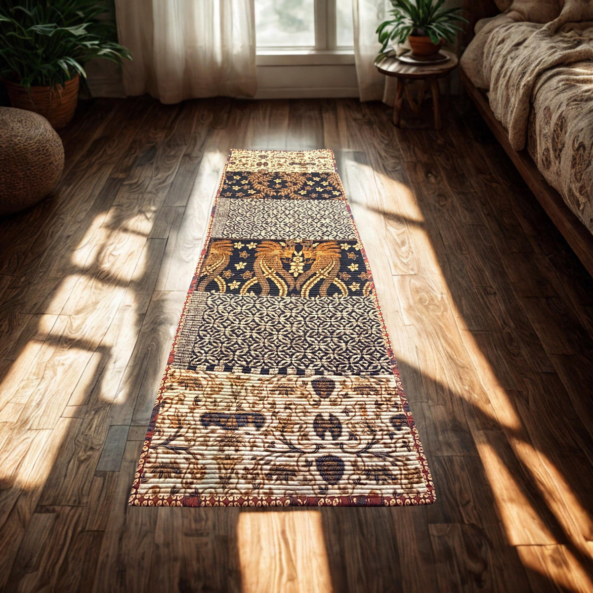 Vintage Batik Patchwork Rug, Indonesian Handmade Carpet Runner, Floral Geometric Upcycled  Fabric
