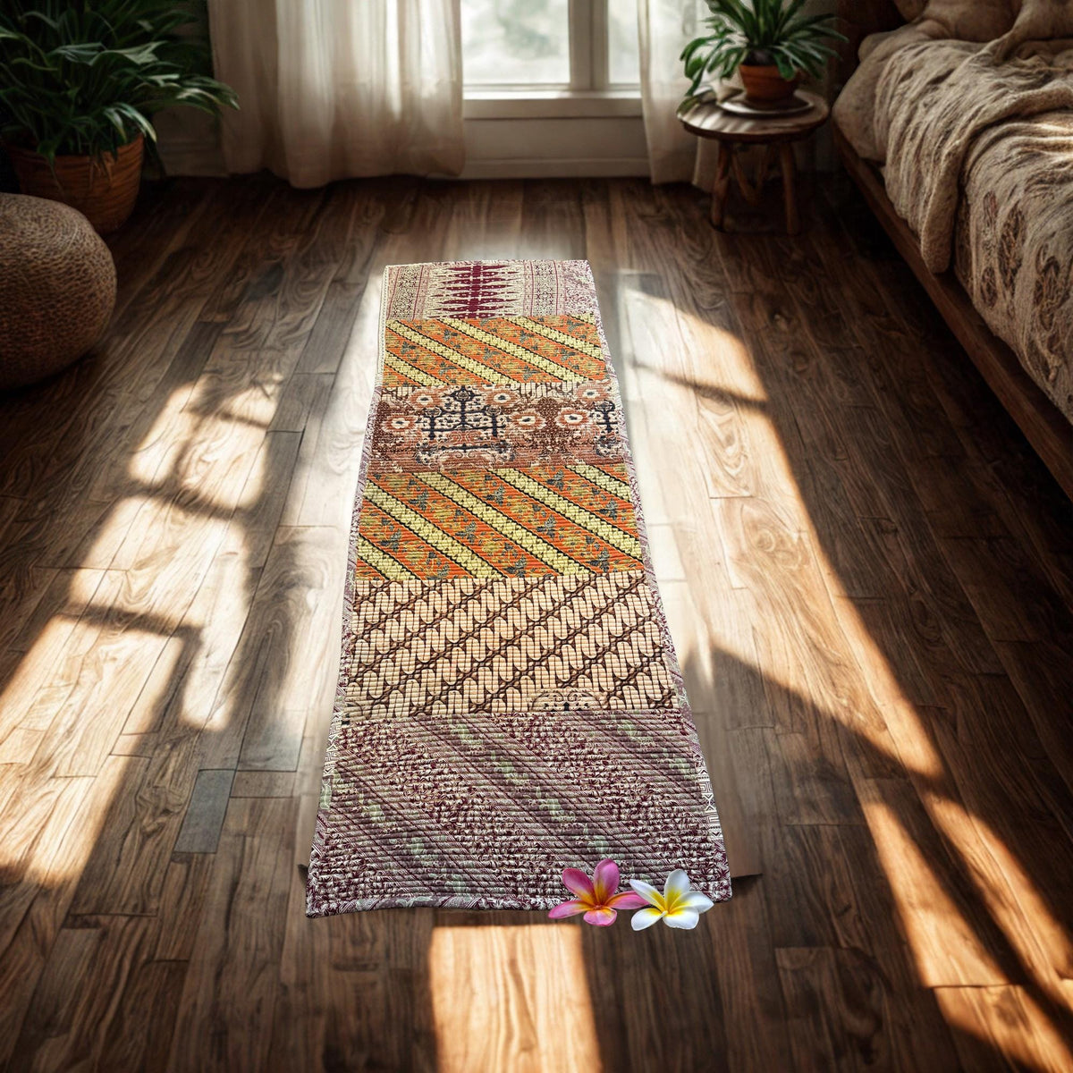 Vintage Batik Patchwork Rug, Indonesian Handmade Carpet Runner, Floral Geometric Upcycled  Fabric