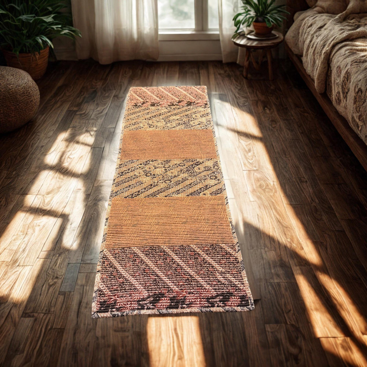 Vintage Batik Patchwork Rug, Indonesian Handmade Carpet Runner, Floral Geometric Upcycled  Fabric