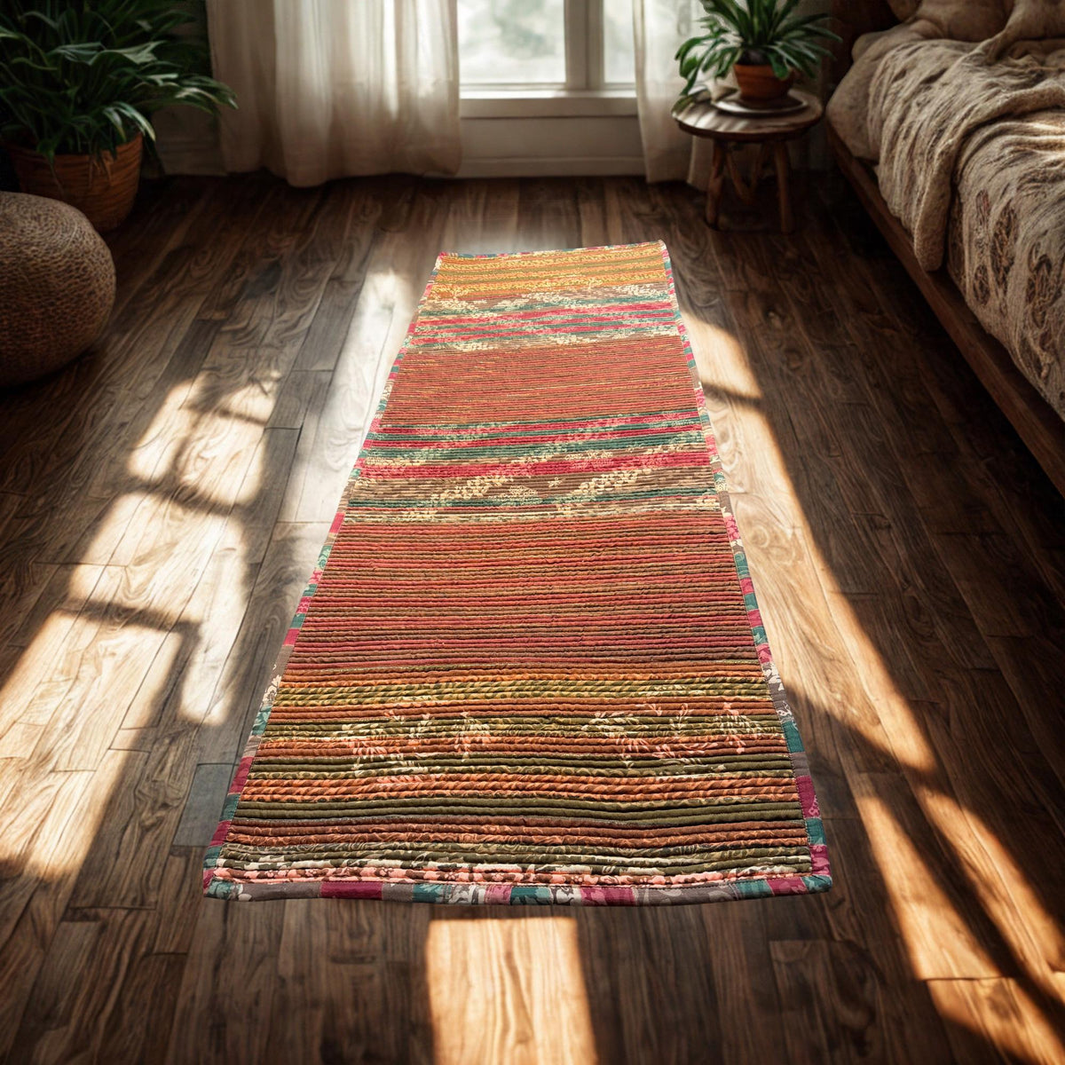 Vintage Batik Patchwork Rug, Indonesian Handmade Carpet Runner, Floral Geometric Upcycled  Fabric