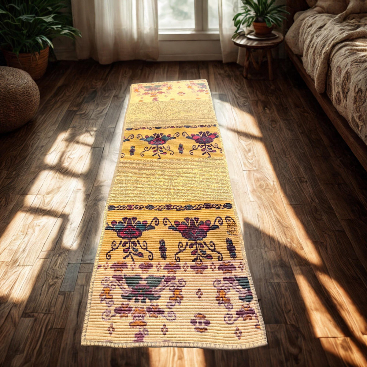 Vintage Batik Patchwork Rug, Indonesian Handmade Carpet Runner, Floral Geometric Upcycled  Fabric