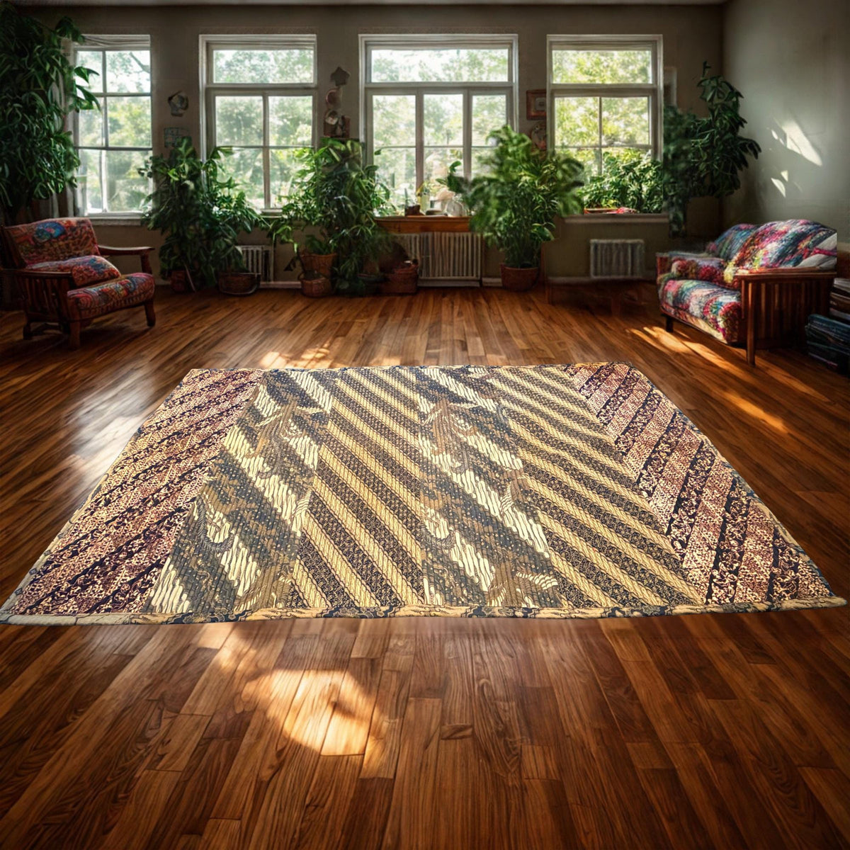 Vintage Batik Patchwork Accent Rug, Indonesian Handmade Carpet, Floral Geometric Upcycled  Fabric