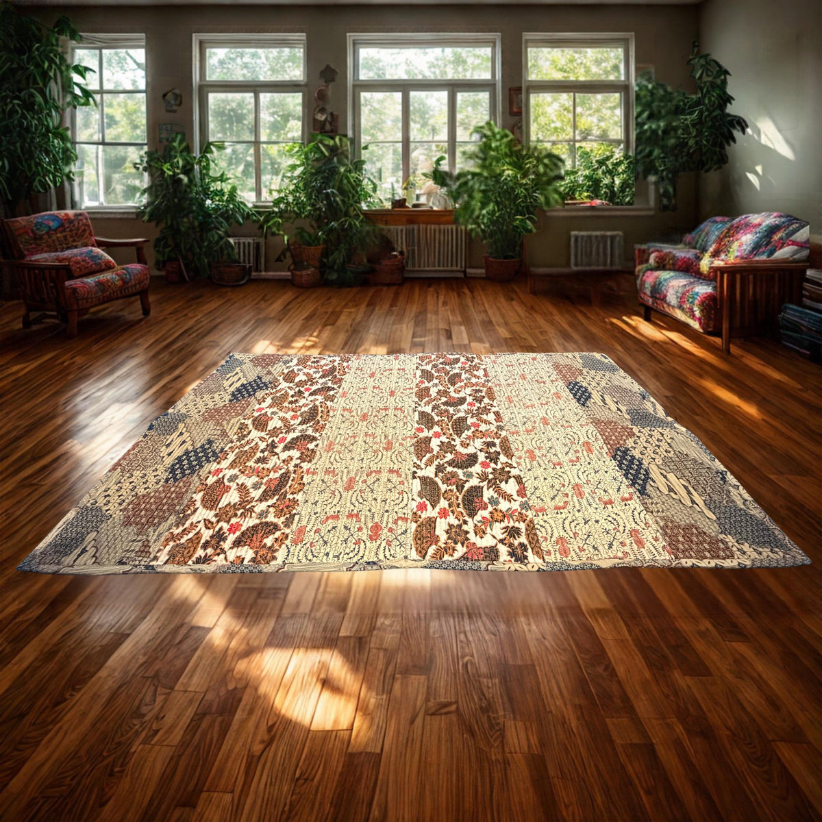 Vintage Batik Patchwork Accent Rug, Indonesian Handmade Carpet, Floral Geometric Upcycled  Fabric