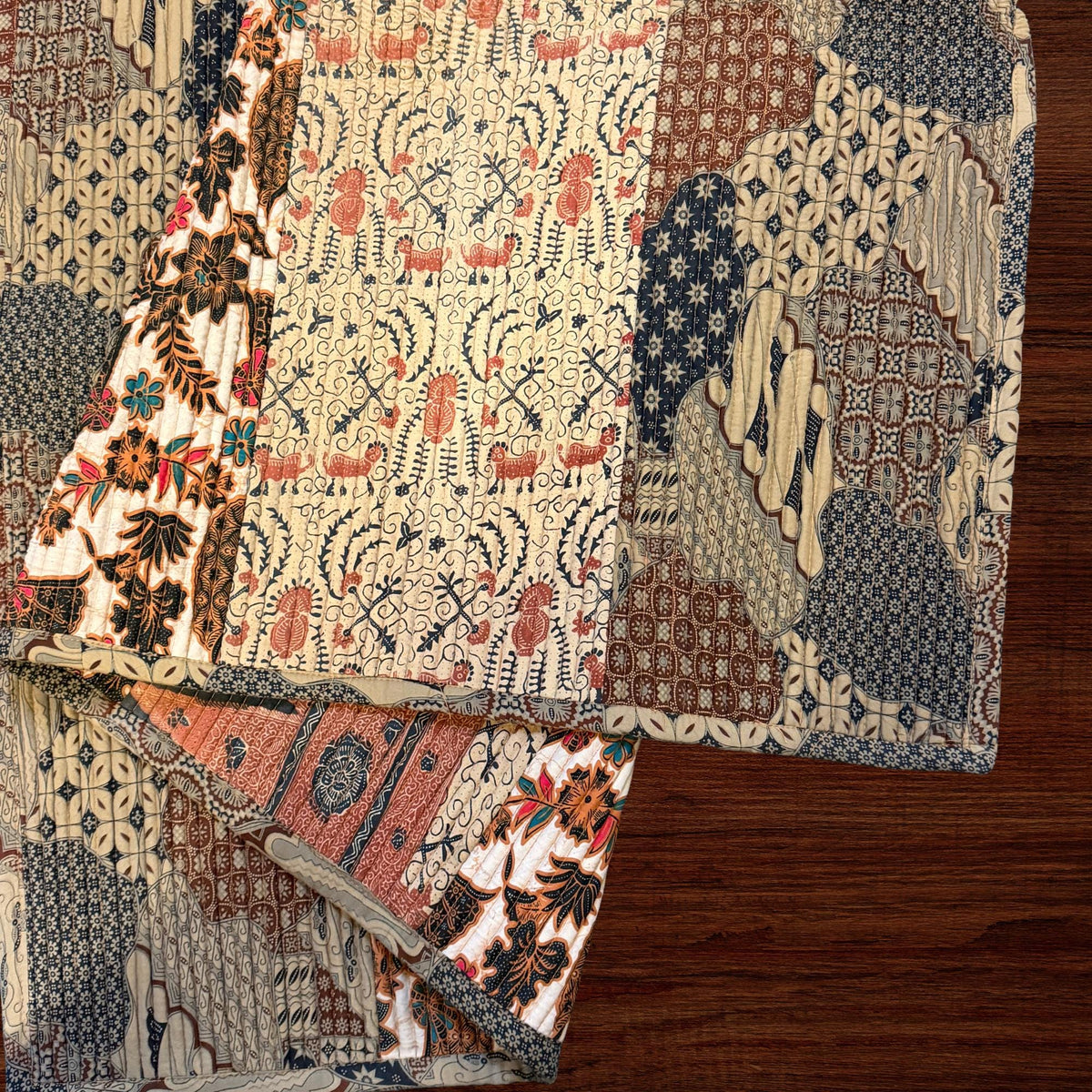 Vintage Batik Patchwork Accent Rug, Indonesian Handmade Carpet, Floral Geometric Upcycled  Fabric