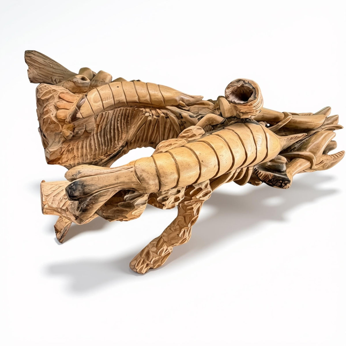 Hand Carved Lobster and Sea Turtle Wood Sculpture, Nautical Ocean Decor, Marine life Art