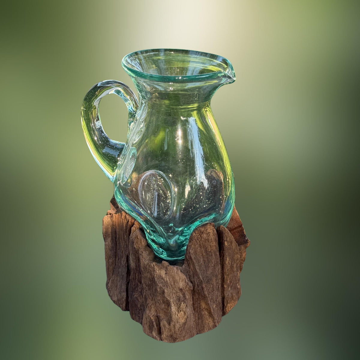Hand Blown  Glass Maple Syrup Pitcher: Drink Jug, Molten Glass Slumped on Reclaimed Teak Wood