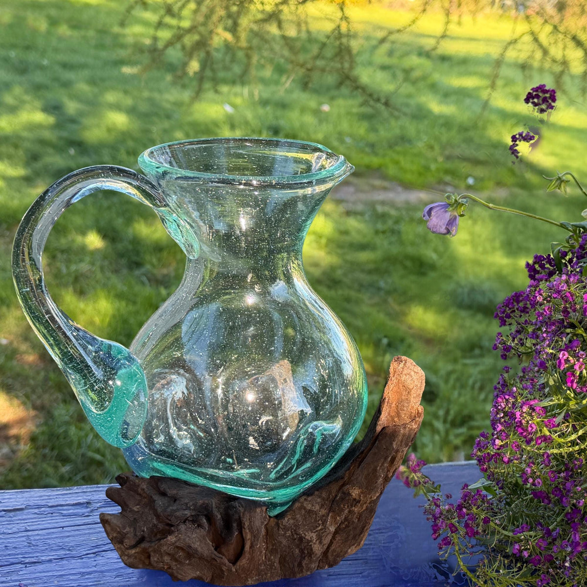 Hand Blown  Glass Maple Syrup Pitcher: Drink Jug, Molten Glass Slumped on Reclaimed Teak Wood