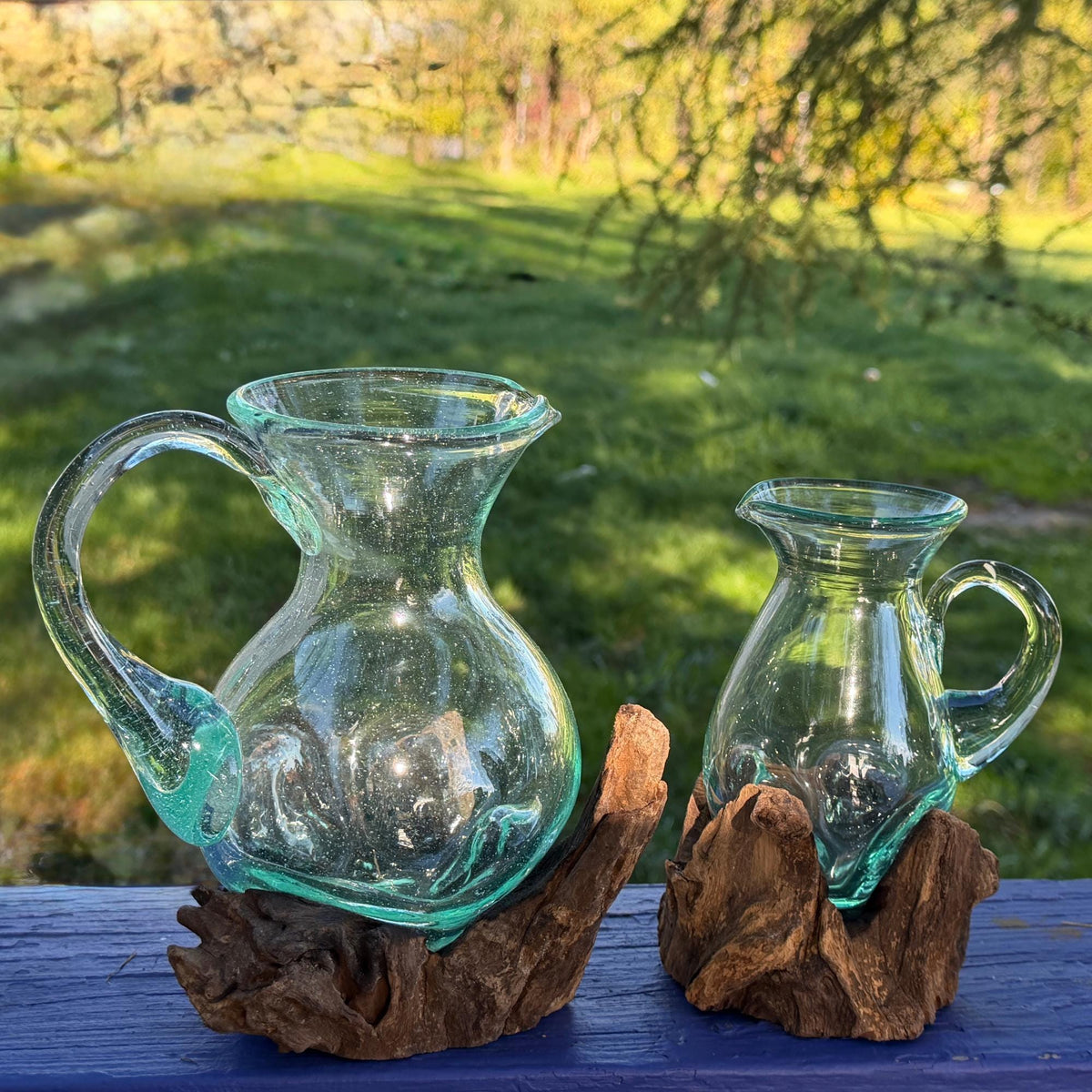 Hand Blown  Glass Maple Syrup Pitcher: Drink Jug, Molten Glass Slumped on Reclaimed Teak Wood