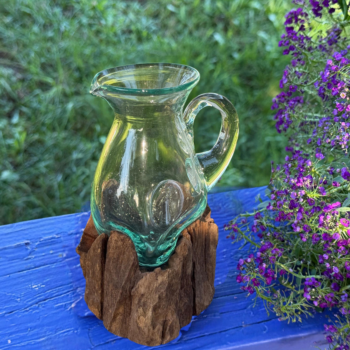 Hand Blown  Glass Maple Syrup Pitcher: Drink Jug, Molten Glass Slumped on Reclaimed Teak Wood
