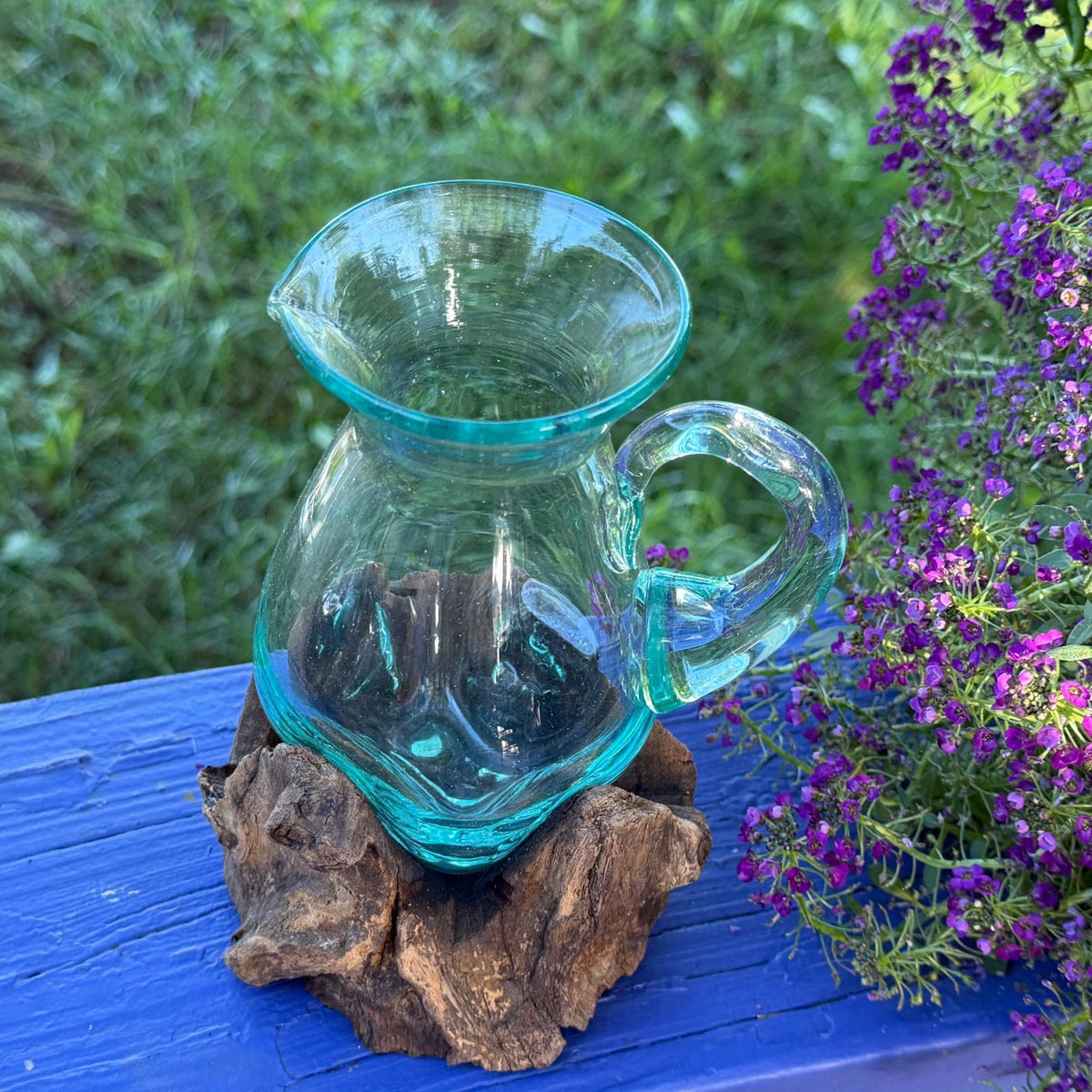 Hand Blown  Glass Maple Syrup Pitcher: Drink Jug, Molten Glass Slumped on Reclaimed Teak Wood