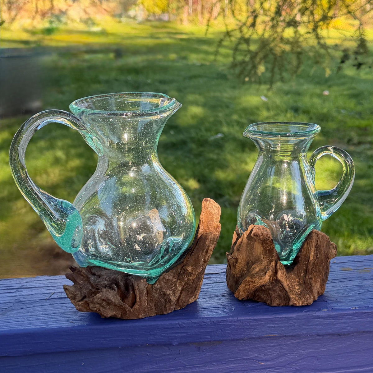 Hand Blown  Glass Maple Syrup Pitcher: Drink Jug, Molten Glass Slumped on Reclaimed Teak Wood