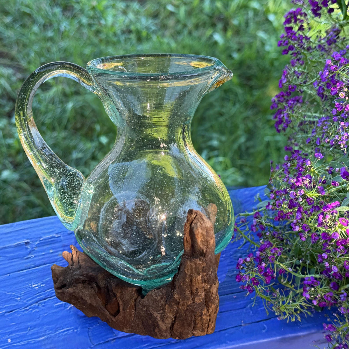 Hand Blown  Glass Maple Syrup Pitcher: Drink Jug, Molten Glass Slumped on Reclaimed Teak Wood