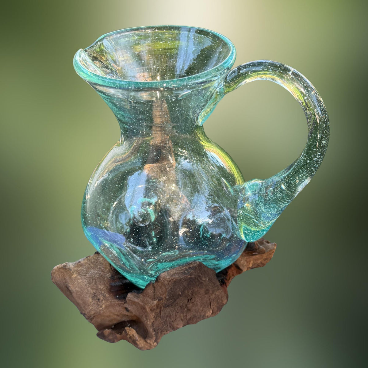 Hand Blown  Glass Maple Syrup Pitcher: Drink Jug, Molten Glass Slumped on Reclaimed Teak Wood