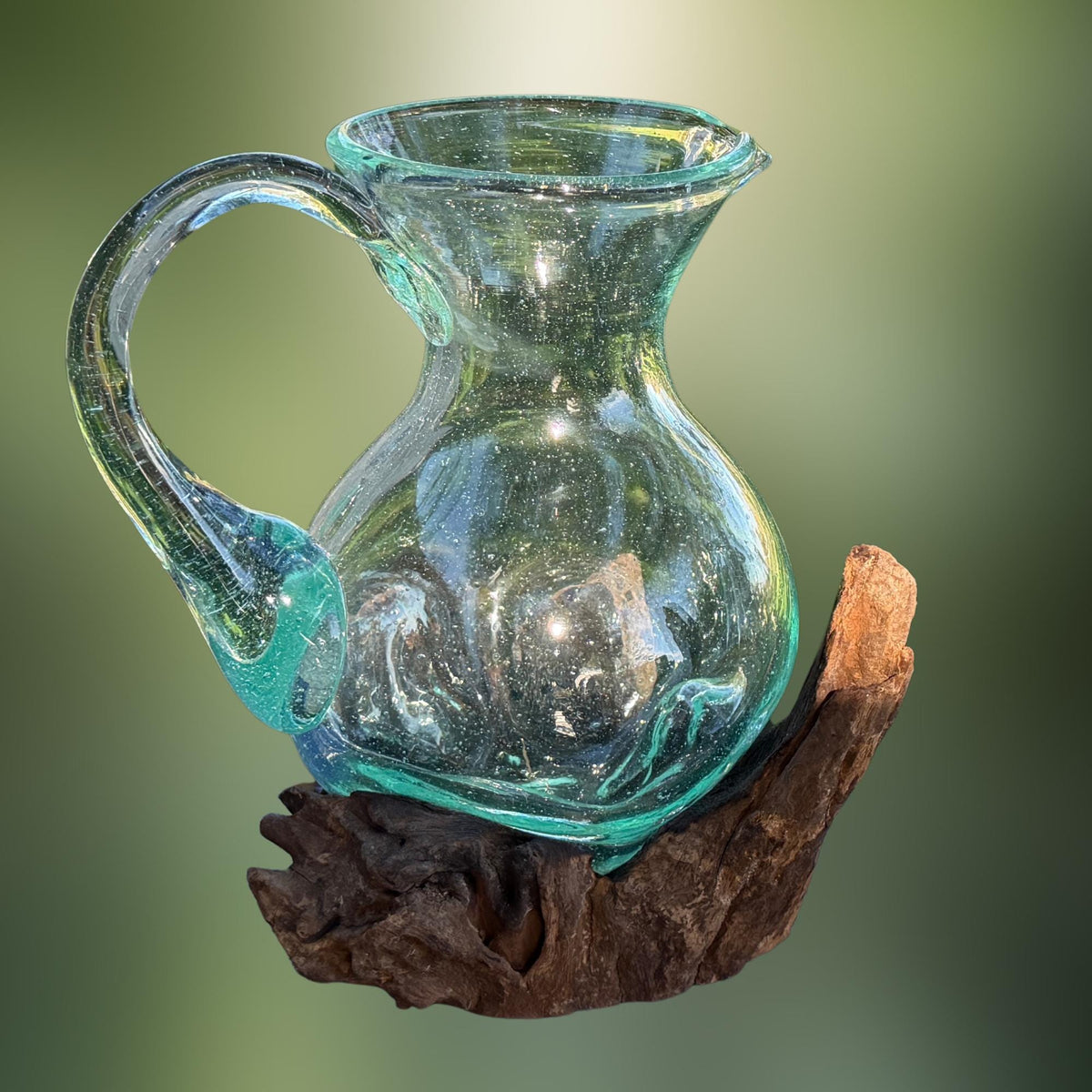Hand Blown  Glass Maple Syrup Pitcher: Drink Jug, Molten Glass Slumped on Reclaimed Teak Wood