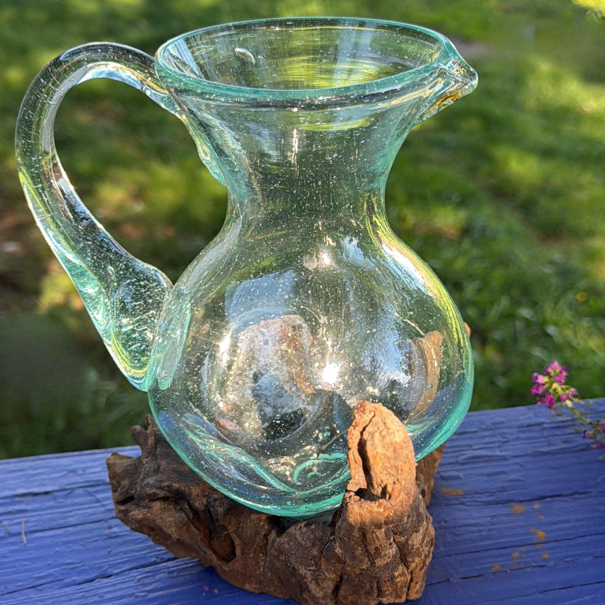 Hand Blown  Glass Maple Syrup Pitcher: Drink Jug, Molten Glass Slumped on Reclaimed Teak Wood