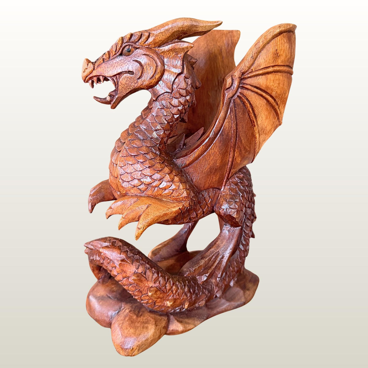 Gothic Winged Dragon Wood Carving Statue:  Carved Sculpture, Mythical Art
