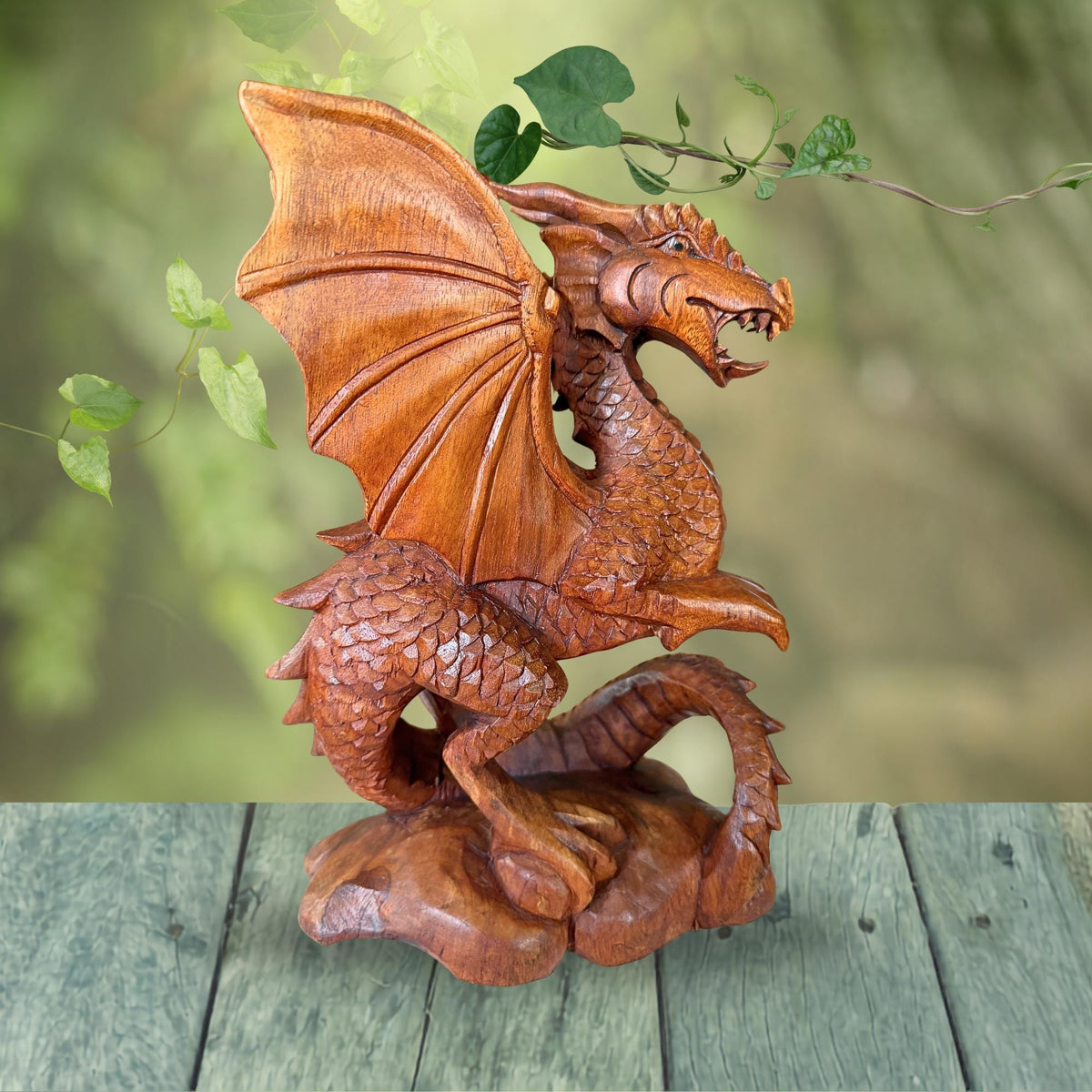 Gothic Winged Dragon Wood Carving Statue:  Carved Sculpture, Mythical Art